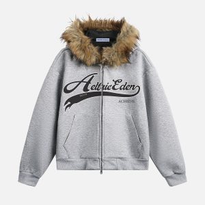 Aelfric Eden Faux Fur Collar Boxy Zip Up Hoodie